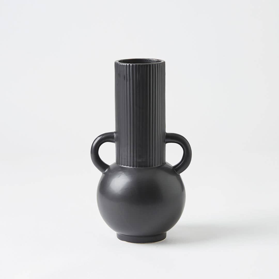 Flounder Ribbed Double Handled Urn - Black